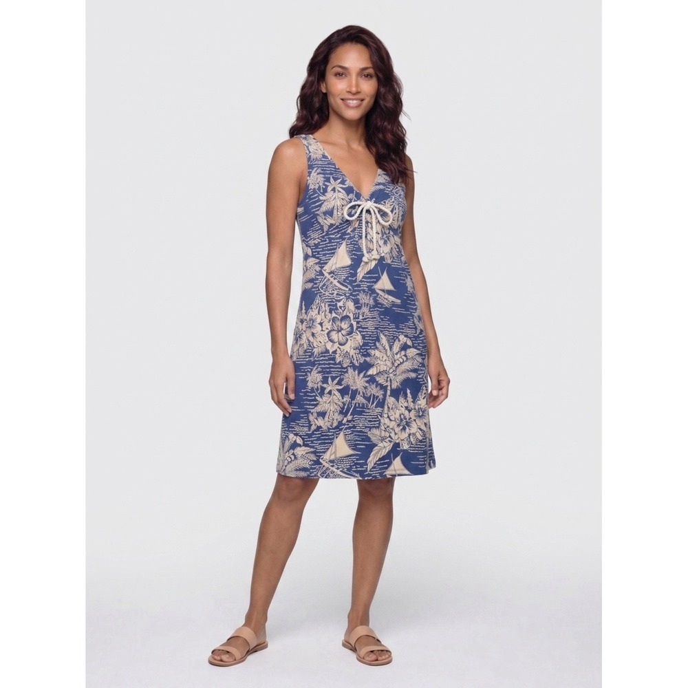 Tommy Bahama Blue/White Floral V-Neck Sleeveless Shift Midi Dress Tassel L/G